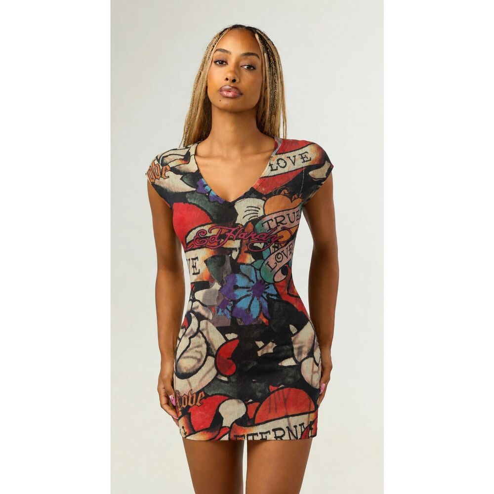 Rare Ed Hardy Tattoo Love Graphic Mesh Mini Dress, Med G4